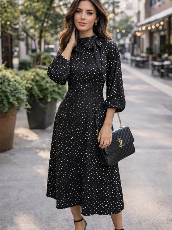 Calvin Klein Dresses & Skirts - Calvin Klein Polka Dot Midi Dress – Black & White Tie Neck (Size 10)